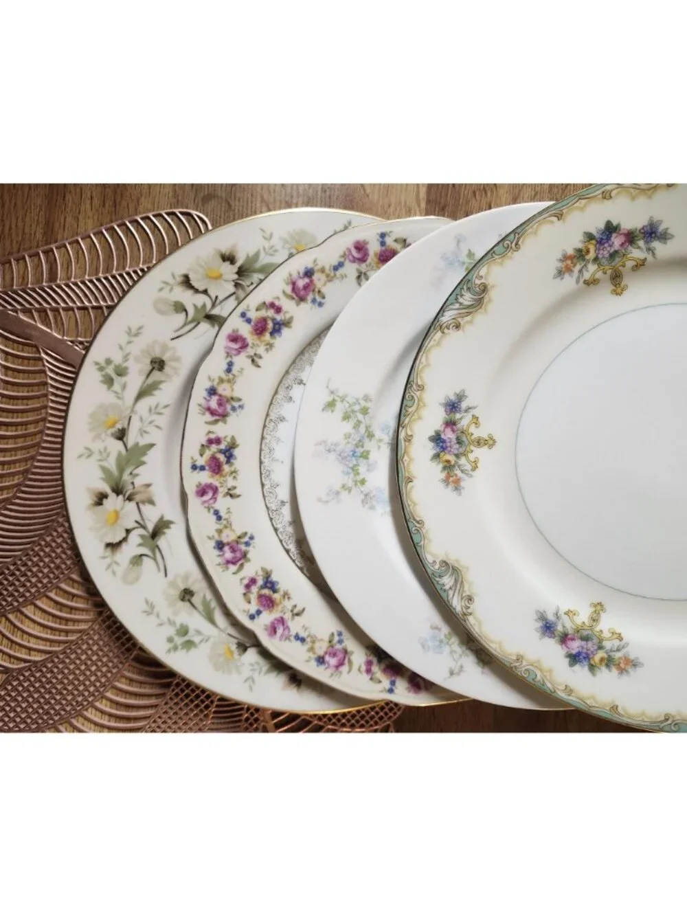 Mismatched Bright and Colorful China Dinner Plates Floral Set of 4 Porcelain